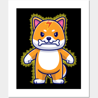 Happy Shiba Inu Dog lightning Bite Bone Cartoon Posters and Art